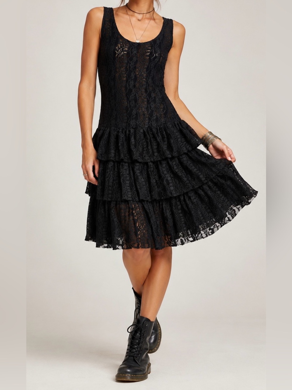 Free People Black Lace Tiered Dress Romantic Goth‎ Whimsigoth S